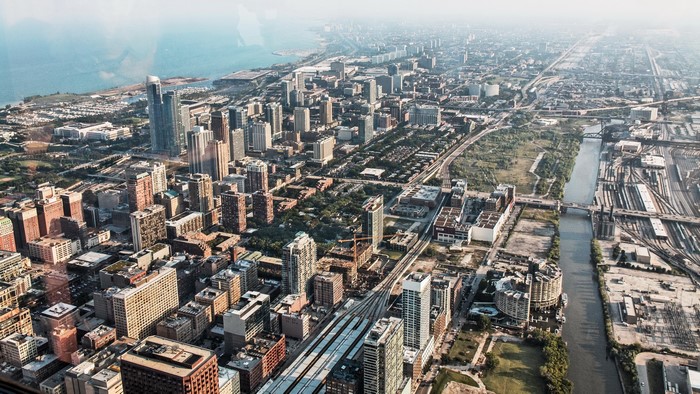 Aerial view of Chicago city skyline and river