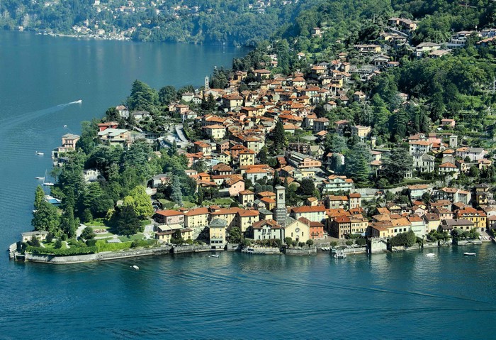 Village on the coast of Lake Como, Italy from above