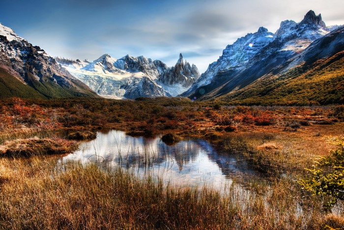 Patagonia Mountains in Chile with a reflective lake