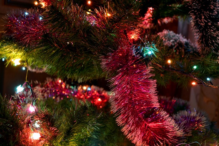 Christmas tree with tinsel and fairy lights