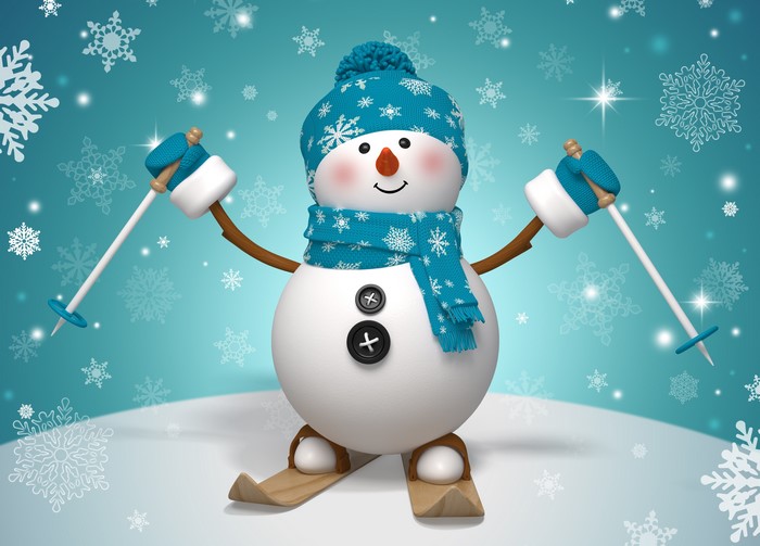 Snowman skiing with snowflakes