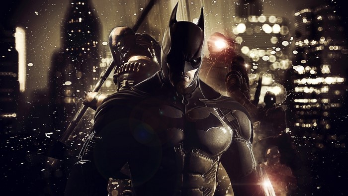 Batman and Deathstroke in a city at night