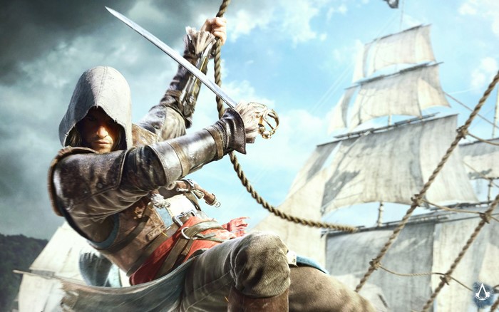 Edward Kenway from Assassin's Creed IV: Black Flag climbing a rope