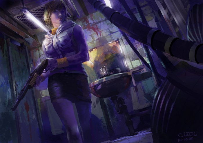 Woman with shotgun in a dark, grimy room