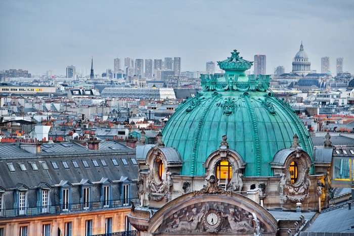 Paris cityscape with Opera Garnier dome and Pantheon