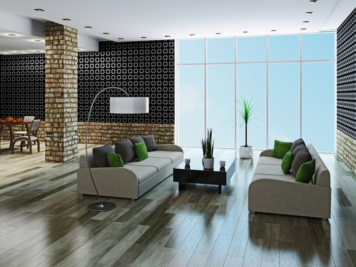 Modern living room with sofas and large windows
