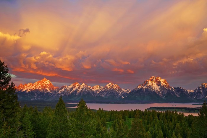 Grand Tetons Mountains at Sunset with Lake and Forest
