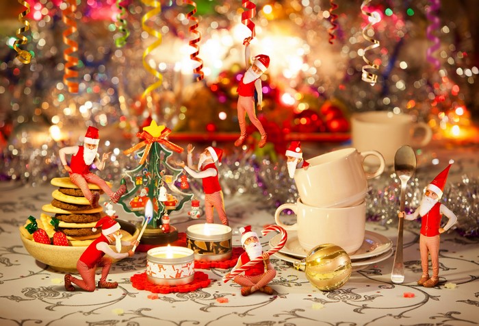 Christmas Scene with Santa Claus figures and decorations
