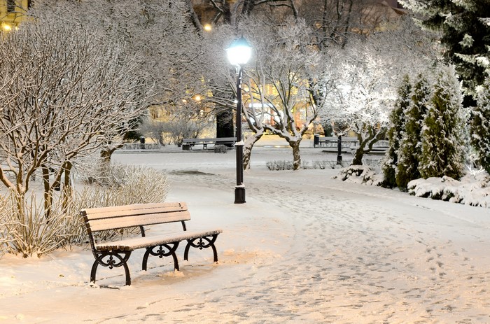 Winter park with snow-covered bench and street light