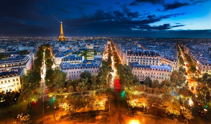 Paris at night with Eiffel Tower and Champs-Élysées