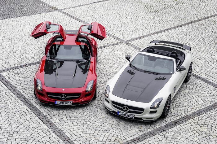 Two Mercedes-Benz SLS AMG GT Roadsters on Cobblestone
