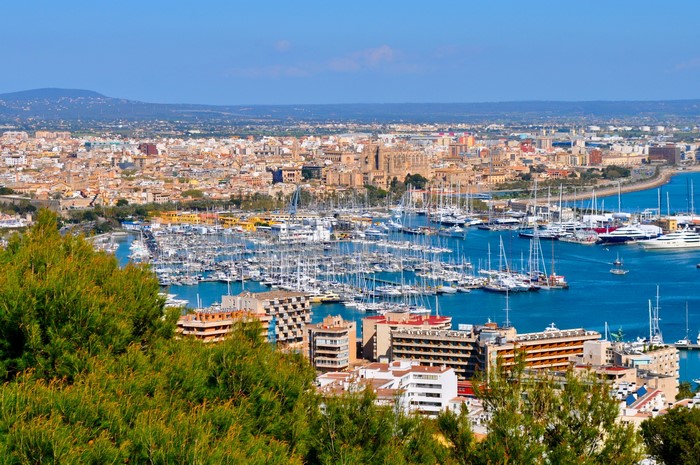 Palma de Mallorca cityscape with harbor and cathedral