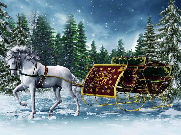 White horse pulling a sleigh in a snowy forest