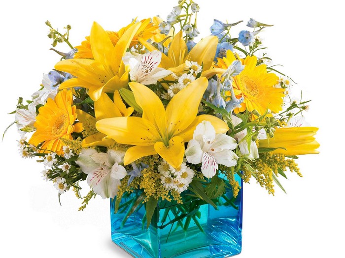 Yellow Lilies, Alstroemeria, and Gerberas in a Blue Vase