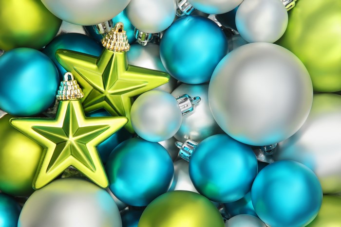 Christmas Ornaments: Green Stars, Blue and Silver Balls