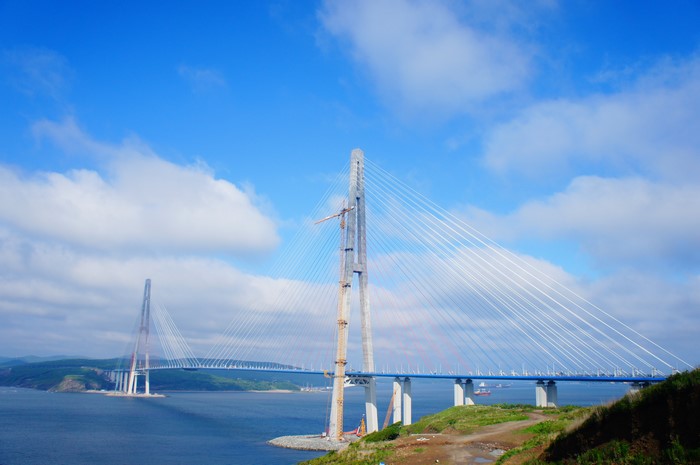 Cable-stayed bridges in Russia under a blue sky