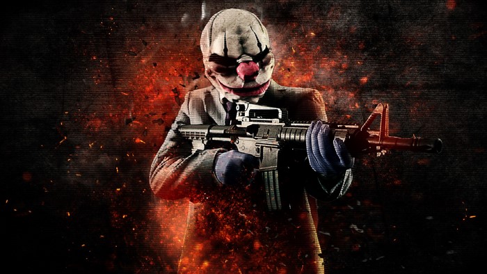 Payday 2 clown mask character with assault rifle