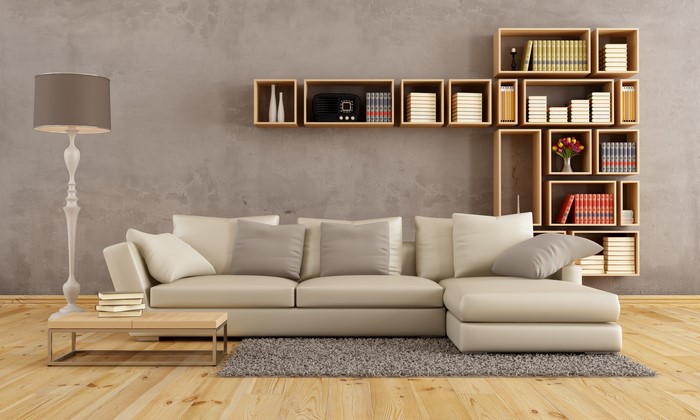 Living room with sectional sofa and shelves