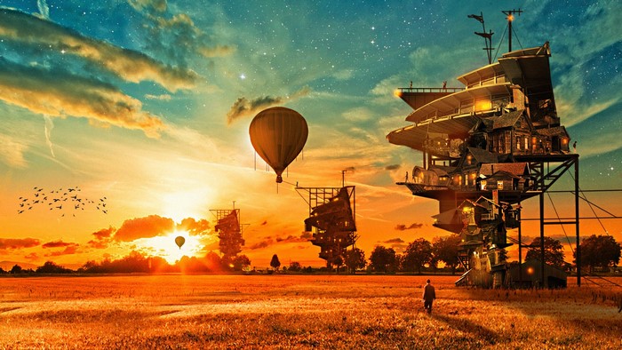 Steampunk houses and hot air balloons at sunset