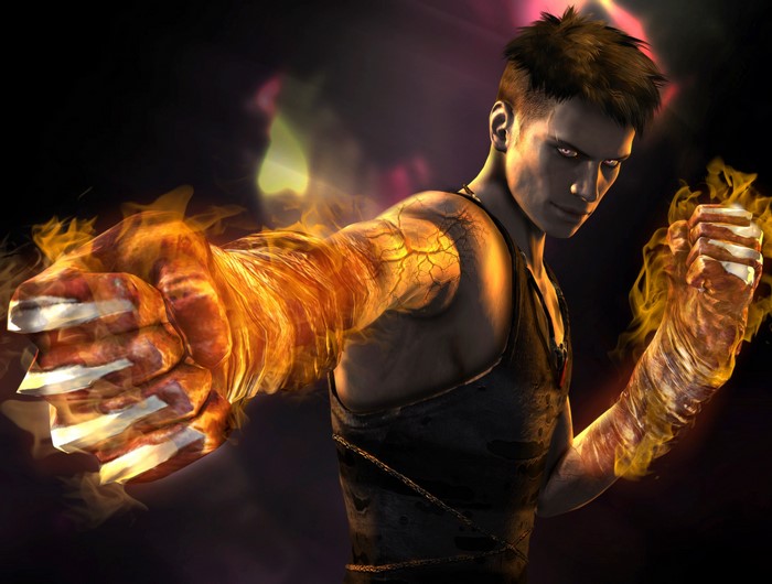 Dante from Devil May Cry with flaming fists