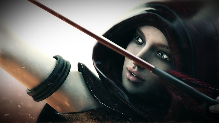 Woman archer with hood and arrow