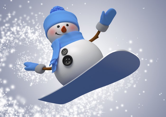 Snowman snowboarding with blue accessories