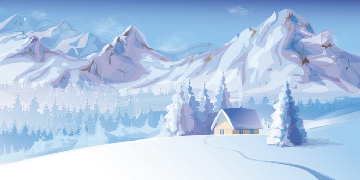 Snowy mountain landscape with a house and pine trees