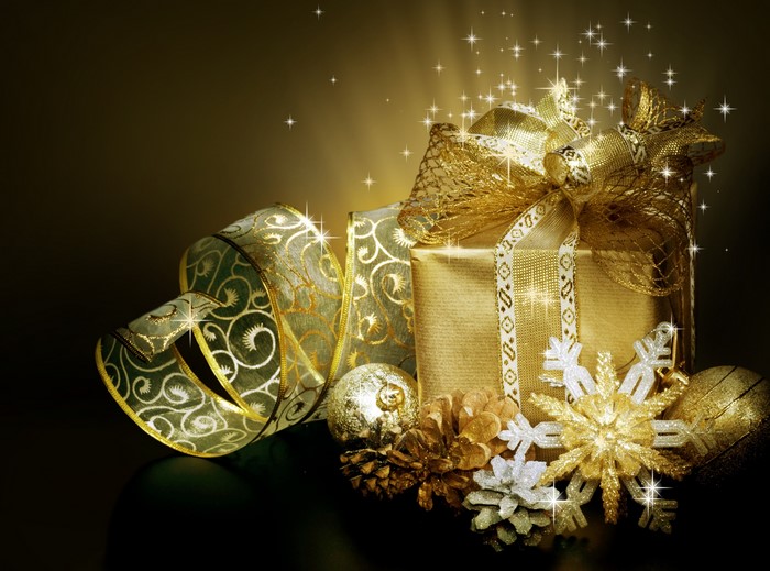 Golden Christmas Gift with Ribbon and Ornaments