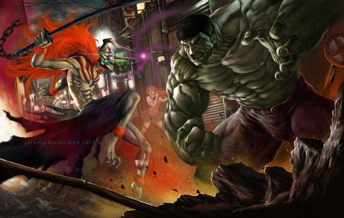 Hulk and Akuma fighting in a city street