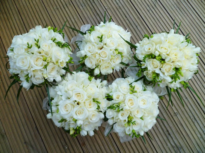 White Rose and Freesia Wedding Bouquets
