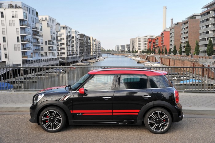 Black 2012 Mini Countryman JCW with Red Accents on a Bridge