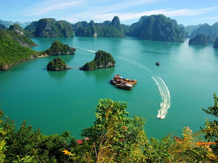 Halong Bay, Vietnam with boats and limestone karsts