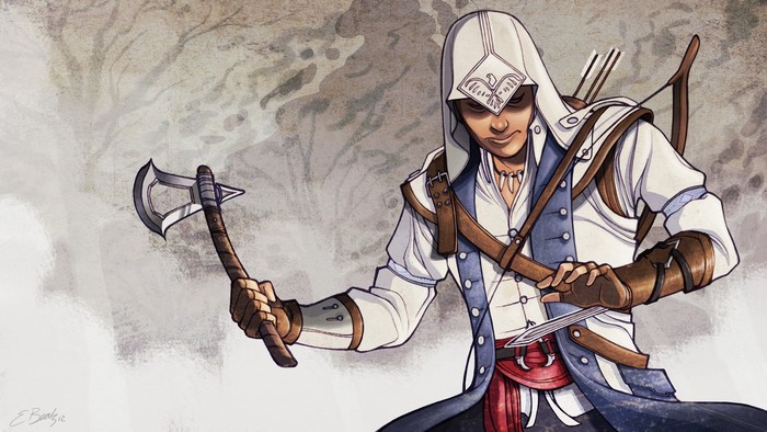Connor Kenway from Assassin's Creed 3 with axe and hidden blade