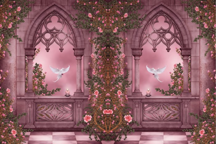 Gothic balcony with doves and roses