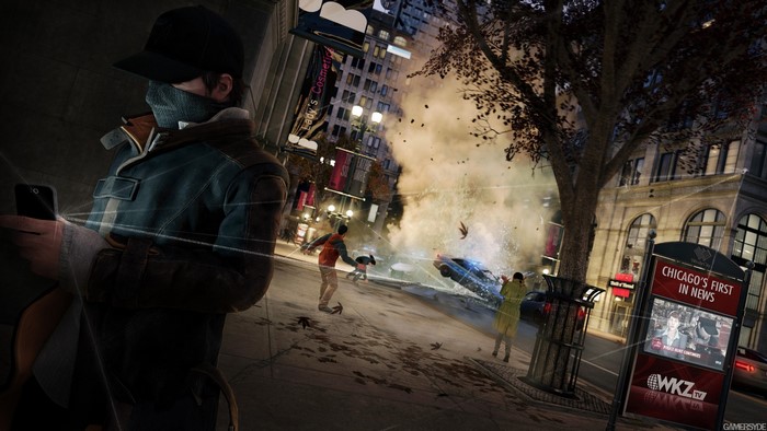 Aiden Pearce from Watch Dogs in Chicago street explosion