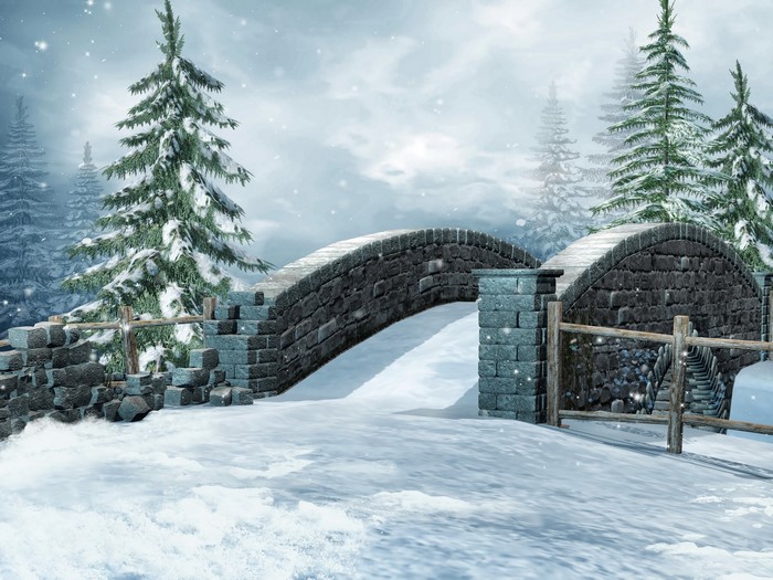Snowy stone bridge with pine trees in winter