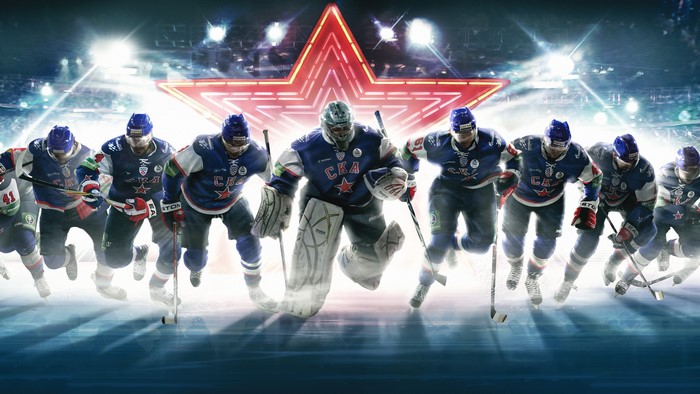 Ice Hockey Players in Uniform with Goalie
