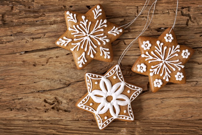Christmas star gingerbread cookies with white icing