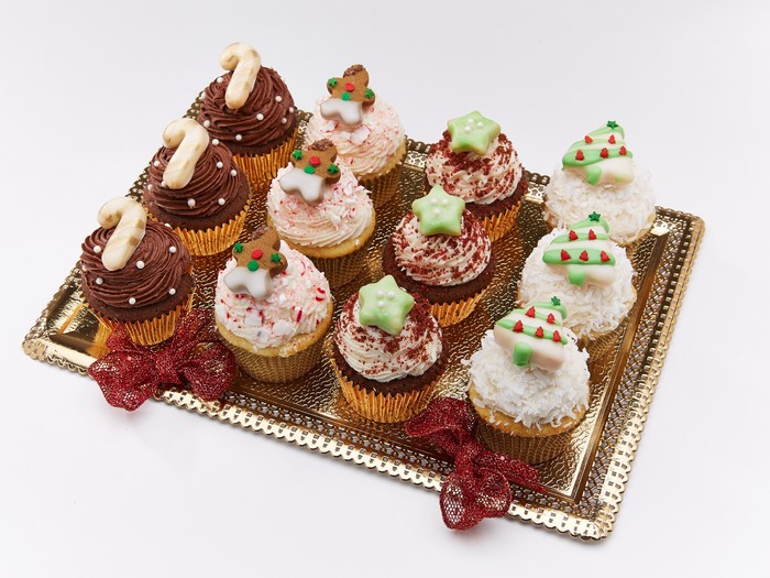 Christmas cupcakes on a golden tray