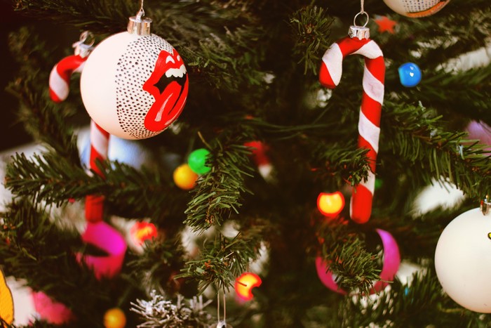Christmas tree ornaments with Rolling Stones logo