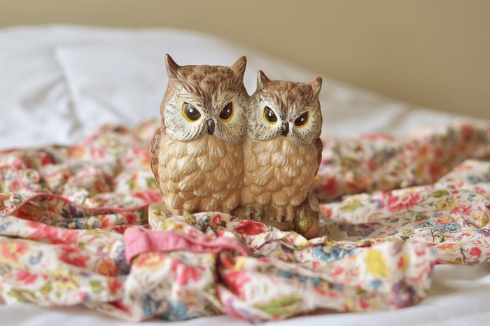 Two owl figurines on a floral blanket