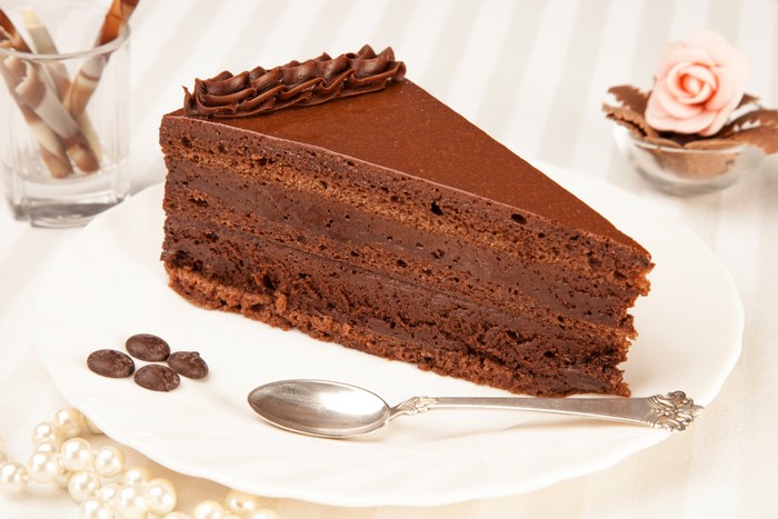 Slice of Chocolate Cake with Spoon and Pearls