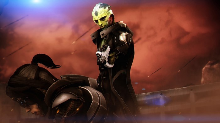 Salarian soldier aiming a weapon in Mass Effect