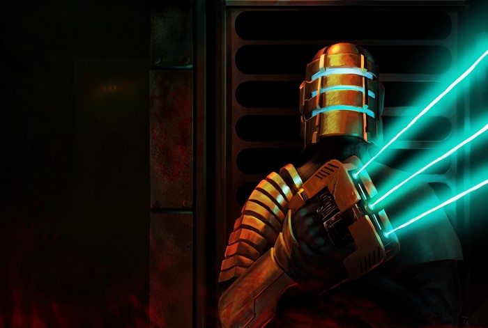 Isaac Clarke from Dead Space firing a plasma cutter