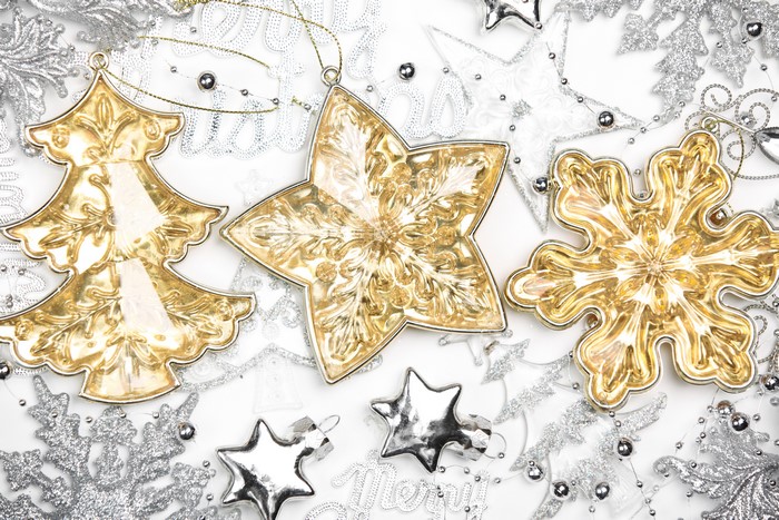 Christmas ornaments: tree, star, snowflake, and Merry Christmas text