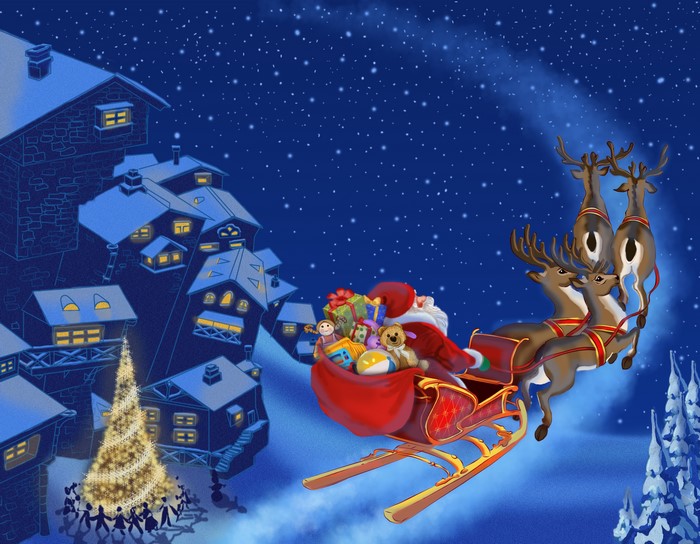 Santa Claus and reindeer flying over a snowy village