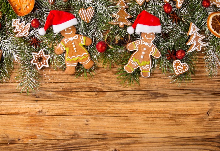 Christmas gingerbread cookies and pine branches