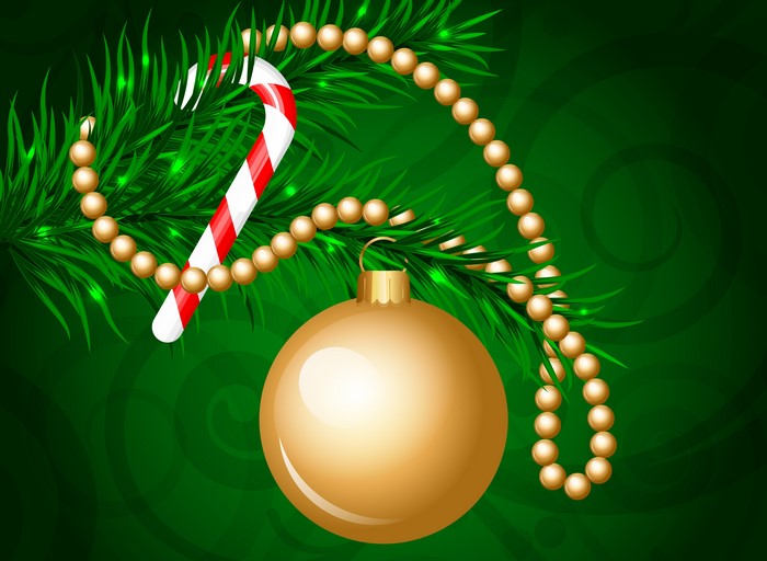 Christmas Ornament, Candy Cane, and Beads on Pine Branch