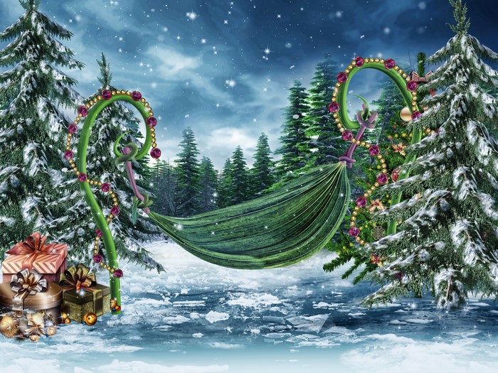 Christmas scene with snow-covered trees and gifts