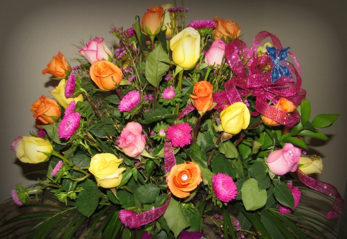 Bouquet of Roses with Pink Ribbon and Butterfly